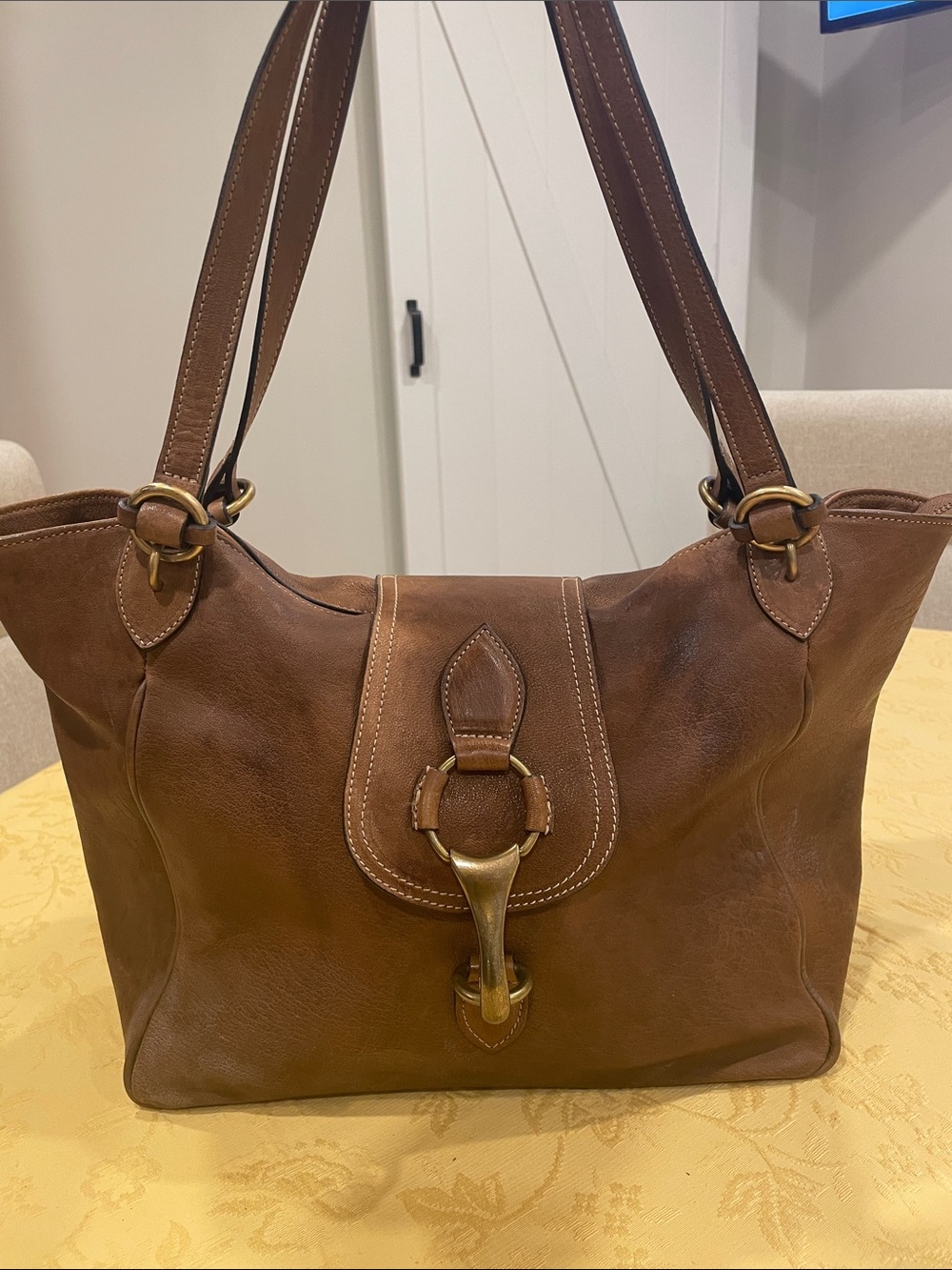 Massimo Dutti Brown Leather Shoulder Tote with Brass Ring Detail